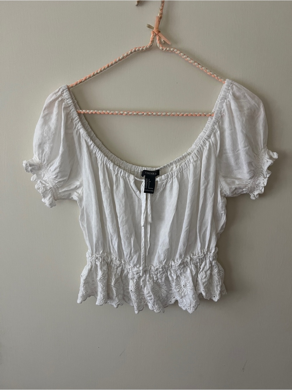 Forever 21 White Eyelet Peasant Crop Top